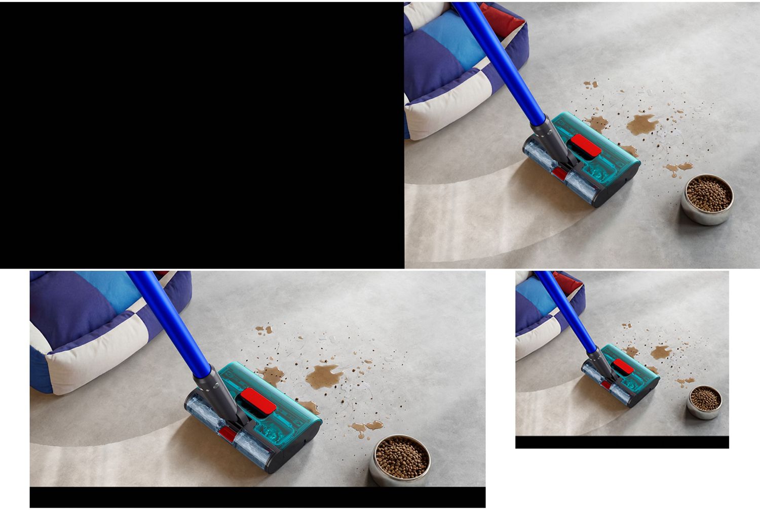 A Dyson wet floor cleaner is used to clean spills and stains from a kitchen floor.